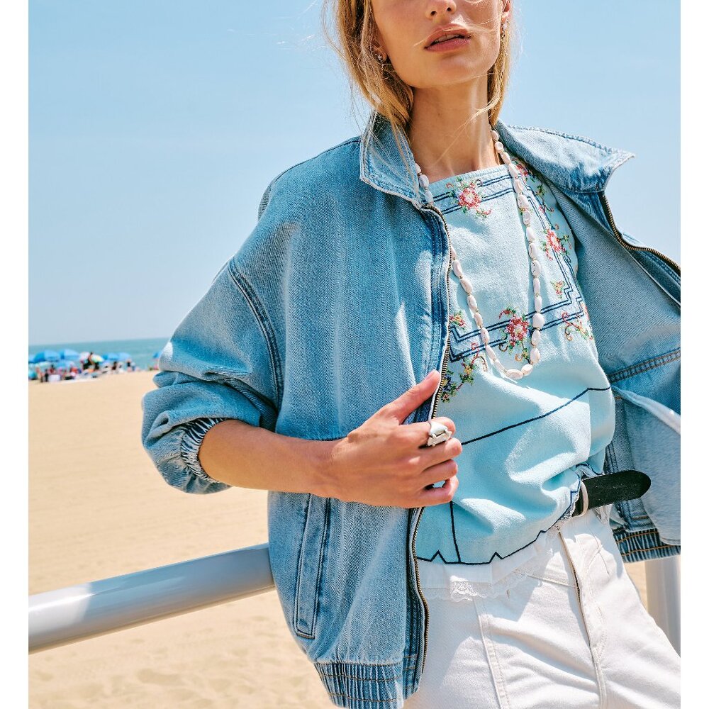 NWT Free People Light Blue Embroidered Square Neck Tank - Picture 6 of 8